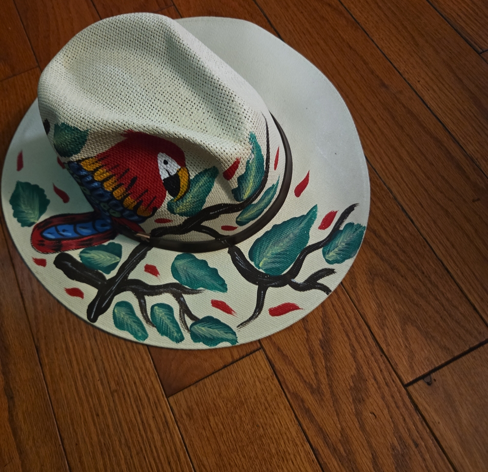 Hand-Painted White Straw Hat with Colorful Parrot
